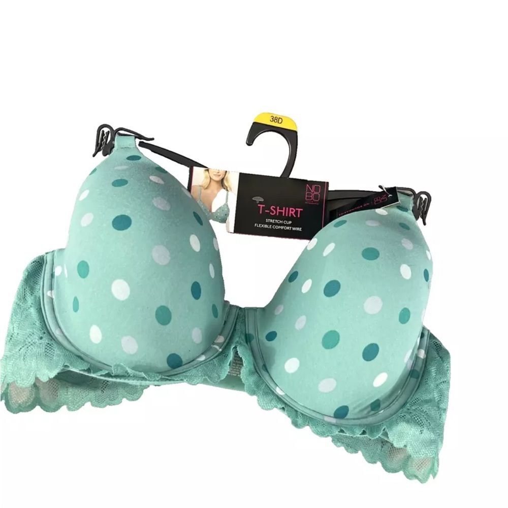 No Boundaries T-Shirt Bra 38D Teal Blue Underwire Lace Trim Polka Dot  Comfy New